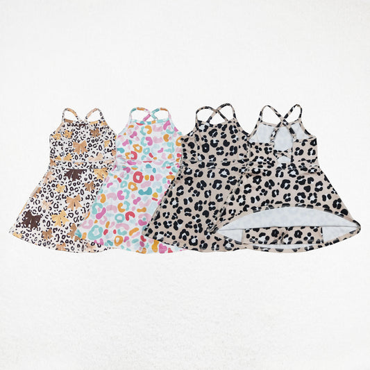 Sibling 3 Colors Baby Girls Colorful Leopard Shorts Yoga Active Knee Length Dresses Set