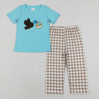 GSPO1022 Baby Girl Short Sleeves Embroidery Duck Eggs Shirt Plaid Ruffle Pants Easter Set