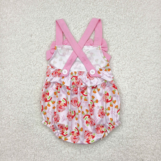 Baby Girl Infant Pink Bows Strap Bows Strawberry Ruffle Romper RTS