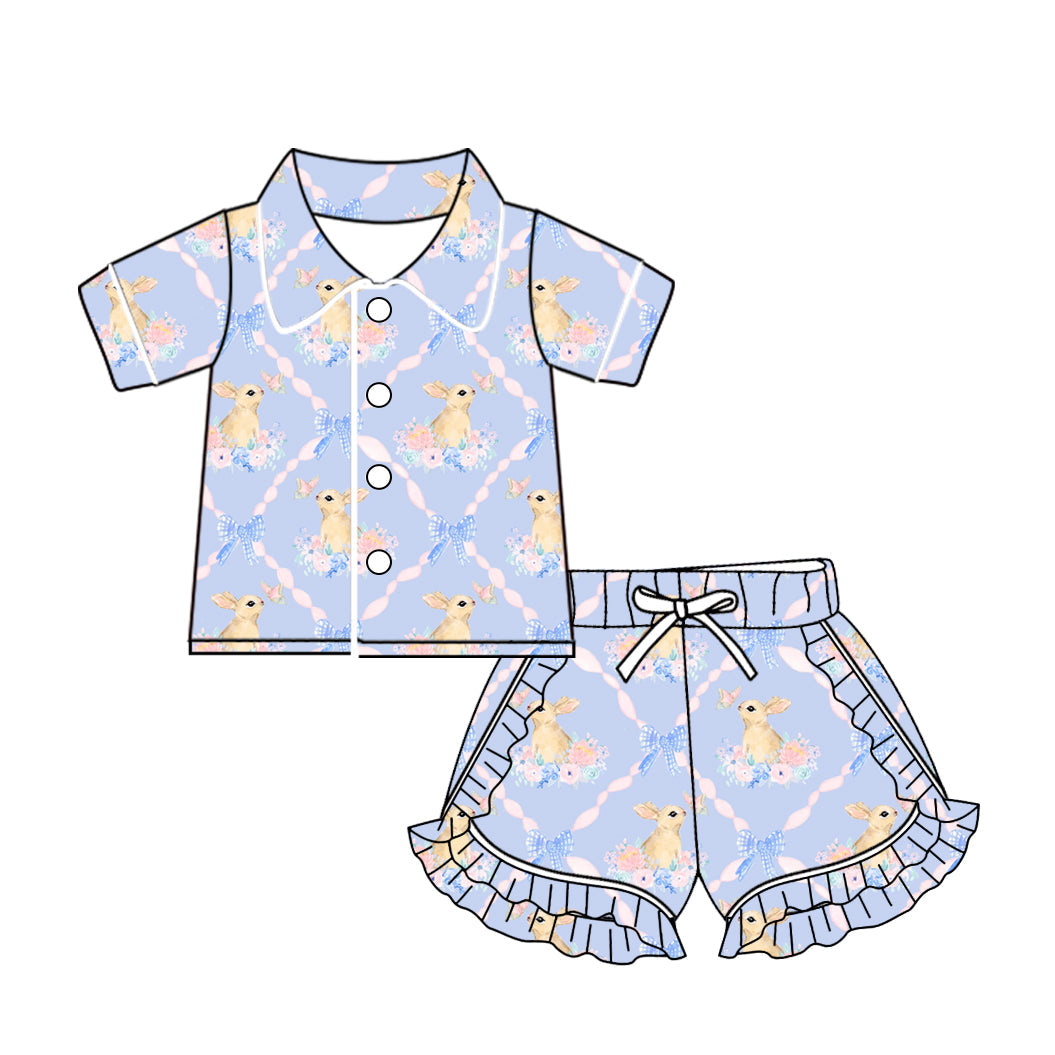 Baby Girl Easter Buttons Shirt Ruffle Shorts Pajamas Rabbit Flower Set Moq 5