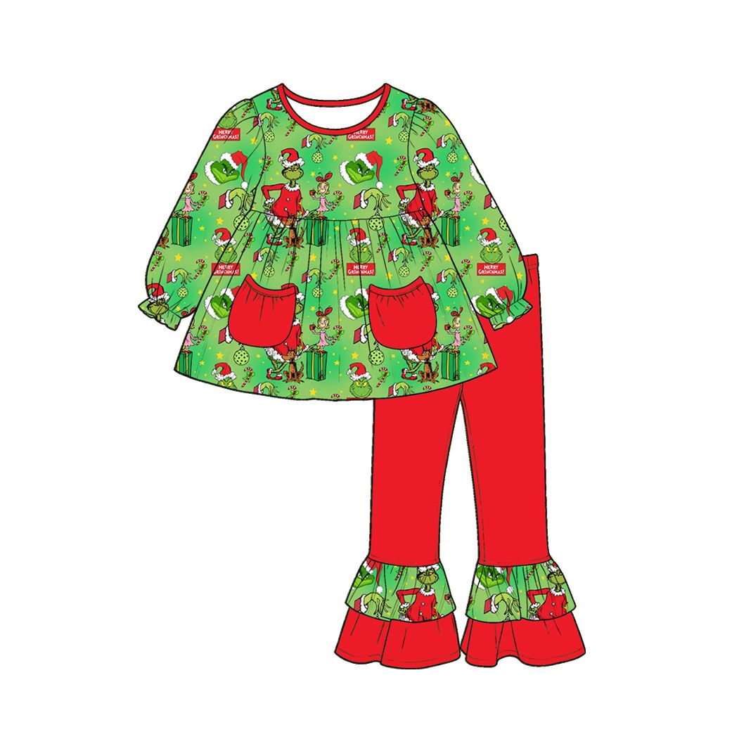 ( Moq 5 ) Preorder Baby Girl Kids Christmas Face Stripes Pockets Tunic Green Pants Set Clothes