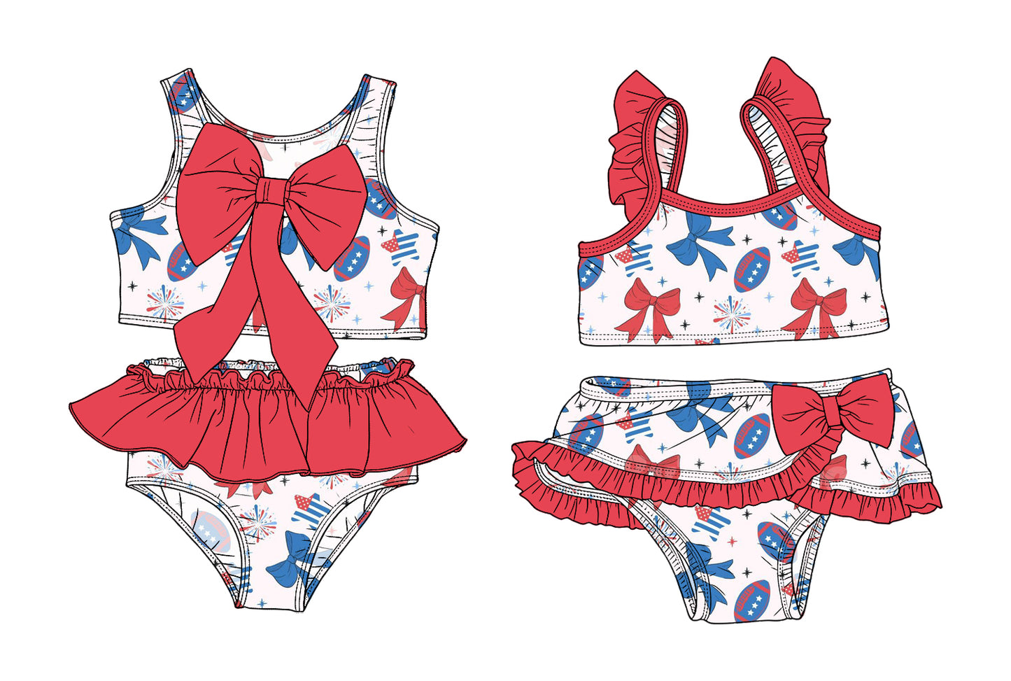 ( Moq 5 Each Style ) Sibling Baby Girls Kids Football Bows Tops Ruffle Shorts Sets 4th of July Swimsuits