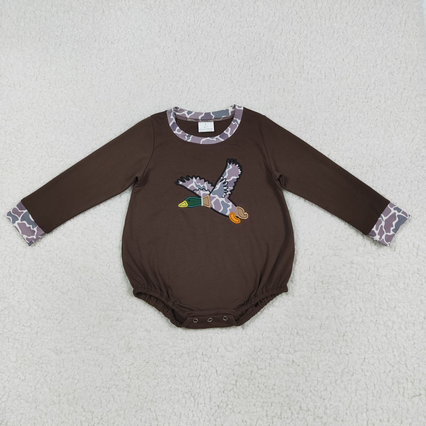 Baby Boy Brown Long Sleeves Camo Embroidery Duck Bubble Romper RTS