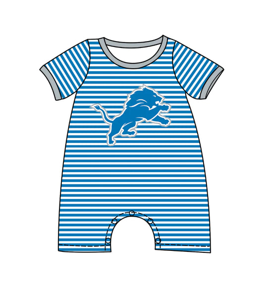 ( Moq 5 ) Baby Boys Kids Short Sleeves Blue Stripes Lion Team Romper