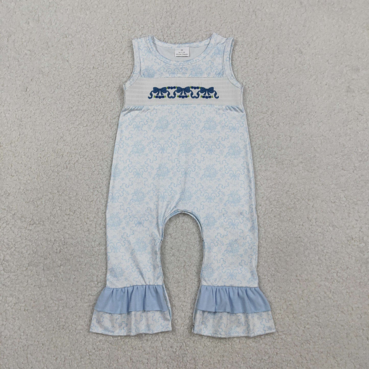 Baby Girls Infant Embroidery Smocked Bows Flower Blue Ruffle Romper RTS