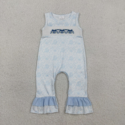Baby Girls Infant Embroidery Smocked Bows Flower Blue Ruffle Romper RTS