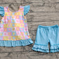 Baby Girl Short Sleeves Flower Plaid Bow Tunic Ruffle Blue Shorts Set RTS