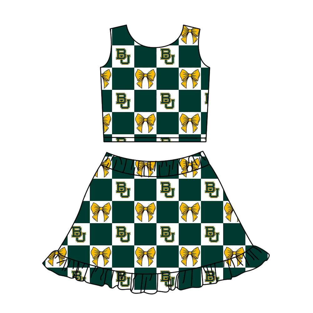 ( Moq 5 ) Baby Girls Kids Toddler BU Bows Green Checked Tops Shorts Ruffle Skirt Team Set