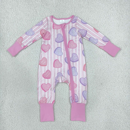 Sibling Baby Boys Girls Kids Long Sleeves Valentine Hearts Stripes Zipper Rompers Set Clothes RTS