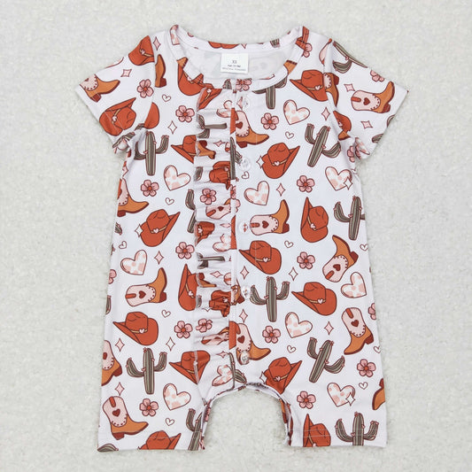 SR0522 Baby Boy Short Sleeves Western Boots Cactus Floral Hearts One Piece Romper