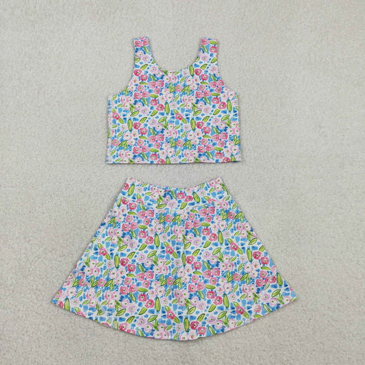 Baby Girls Kids Sleeveless Flower Tops Shorts Skirt Yoga Active Blue Set RTS
