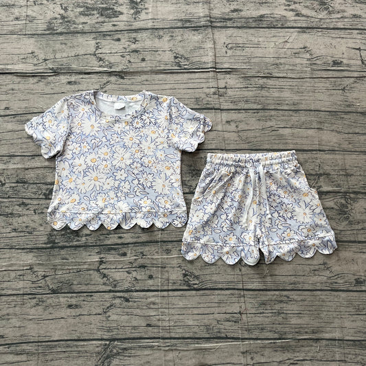 ( No moq ) Preorder Baby Girls Kids Short Sleeves Flower Shirt Shorts Summer Blue Set