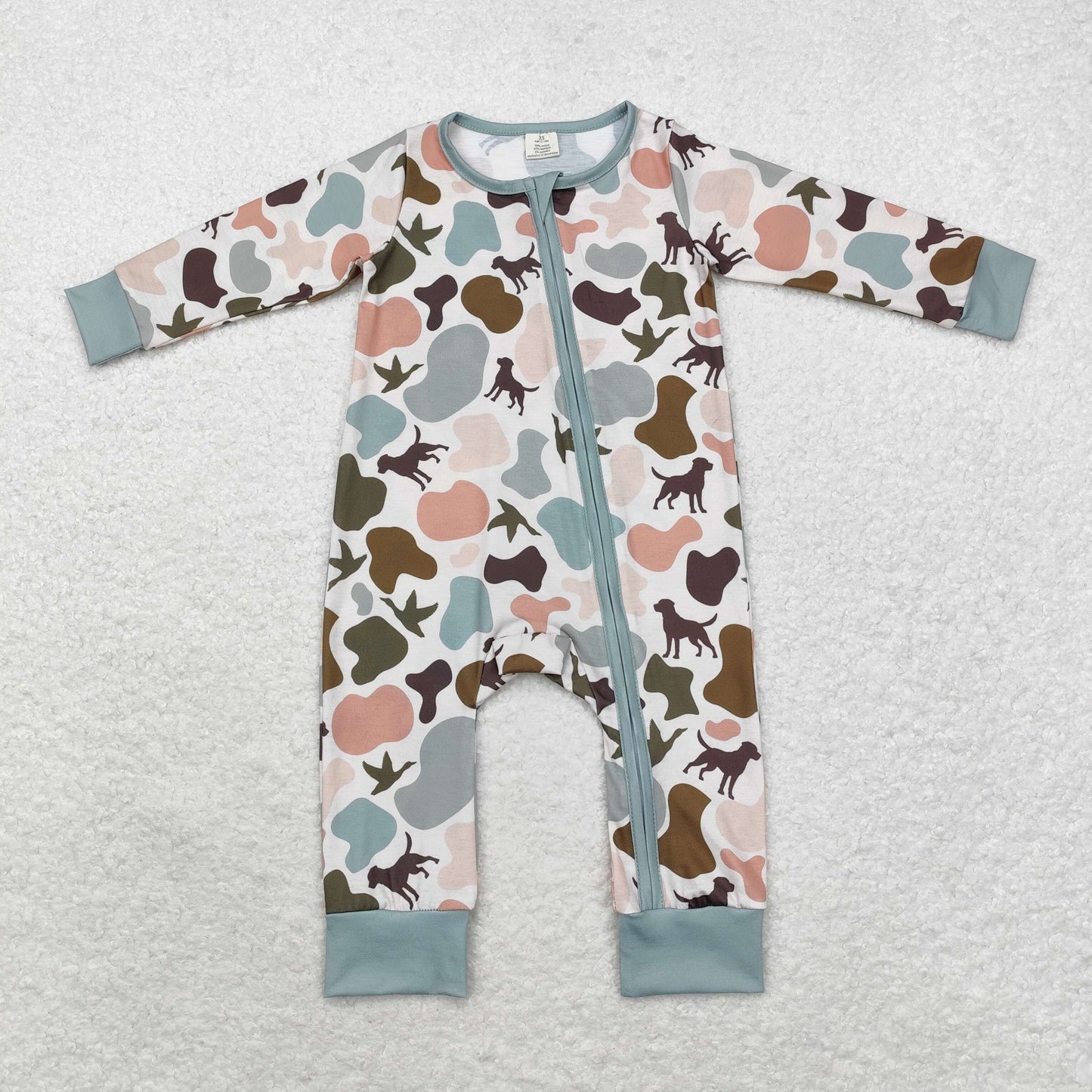 Baby Boy Long Sleeves Camo Dogs Duck Zipper Bamboo Romper