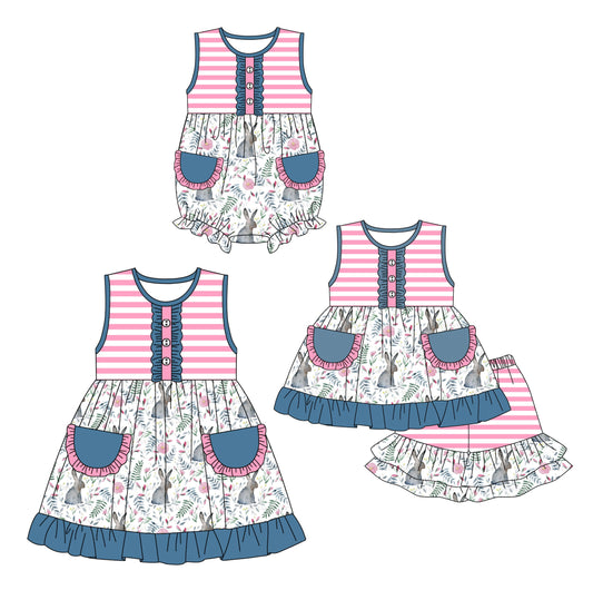 Baby Girl Easter Rabbits Flower Pockets Stripes Sibling Romper Dress Set ( Moq 5 Each Design ) 12.14