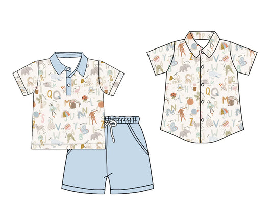 ( Moq 5 Each Style ) Baby Boy Toddler Short Sleeves Animals Back to School Buttons Shirt Set