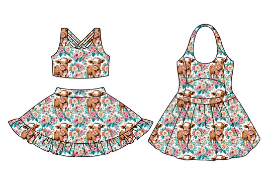 ( Moq 5 Each Style ) Baby Girl Sleeveless Cow Flower Sibling Skort Dress Set 3.22