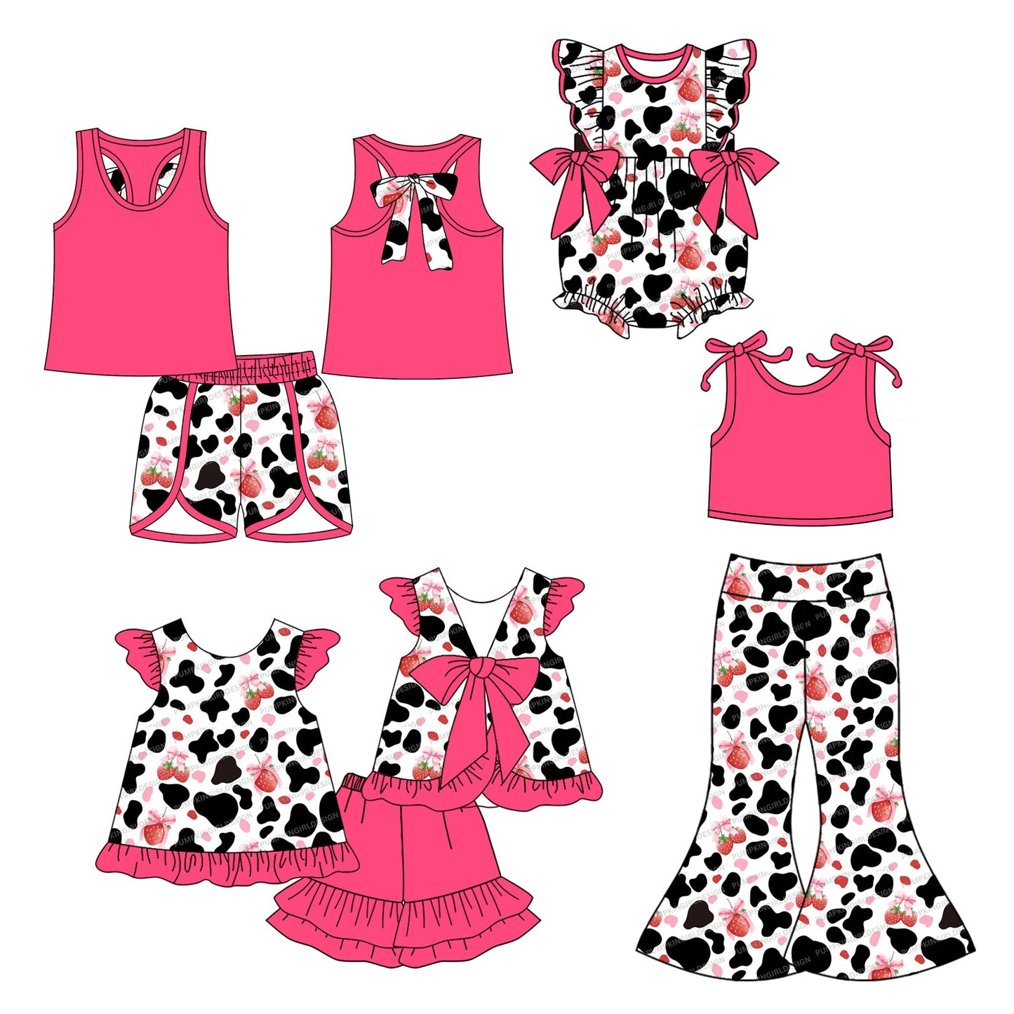 ( Moq 5 Each Style ) Baby Girl Western Strawberry Bows Sibling Romper Set 4.22