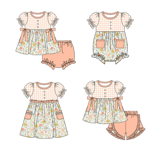 Baby Girl Short Sleeves Flower Plaid Sibling Romper Dress Clothes Set ( Moq 5 Each Design )