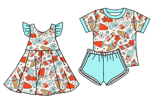 ( Moq 5 Each Style ) Baby Girls Kids Short Sleeves Popsicles Flower Sibling 4th of July Dress Set