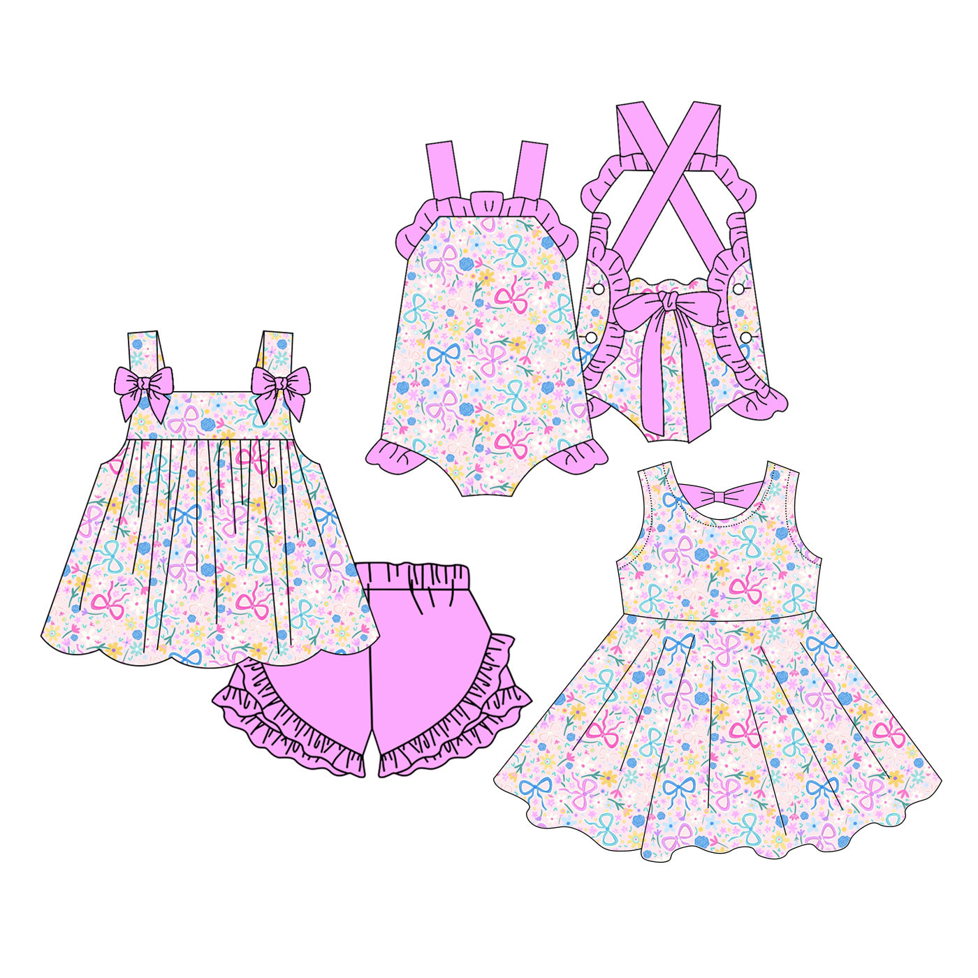 ( Moq 5 Each Style ) Baby Girls Kids Sleeveless Flower Bows Sibling Romper Dress Set Clothes
