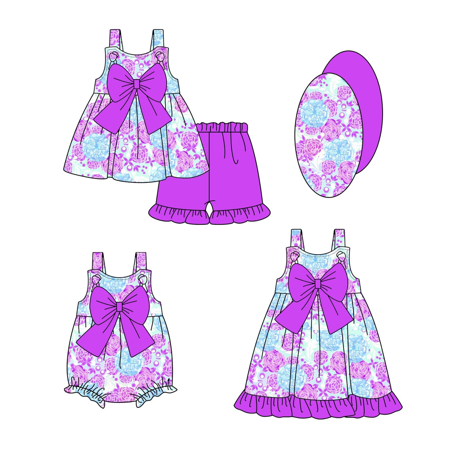 Baby Girl Flower Purple Bows Sibling Romper Dress Set ( Moq 5 Each Style ) 2.12