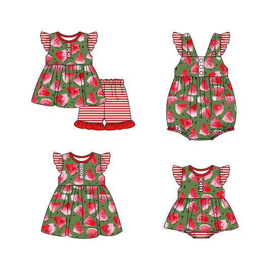 Baby Girl Short Sleeves Watermelon Sibling Romper Dress Clothes Set ( Moq 5 Each Design )