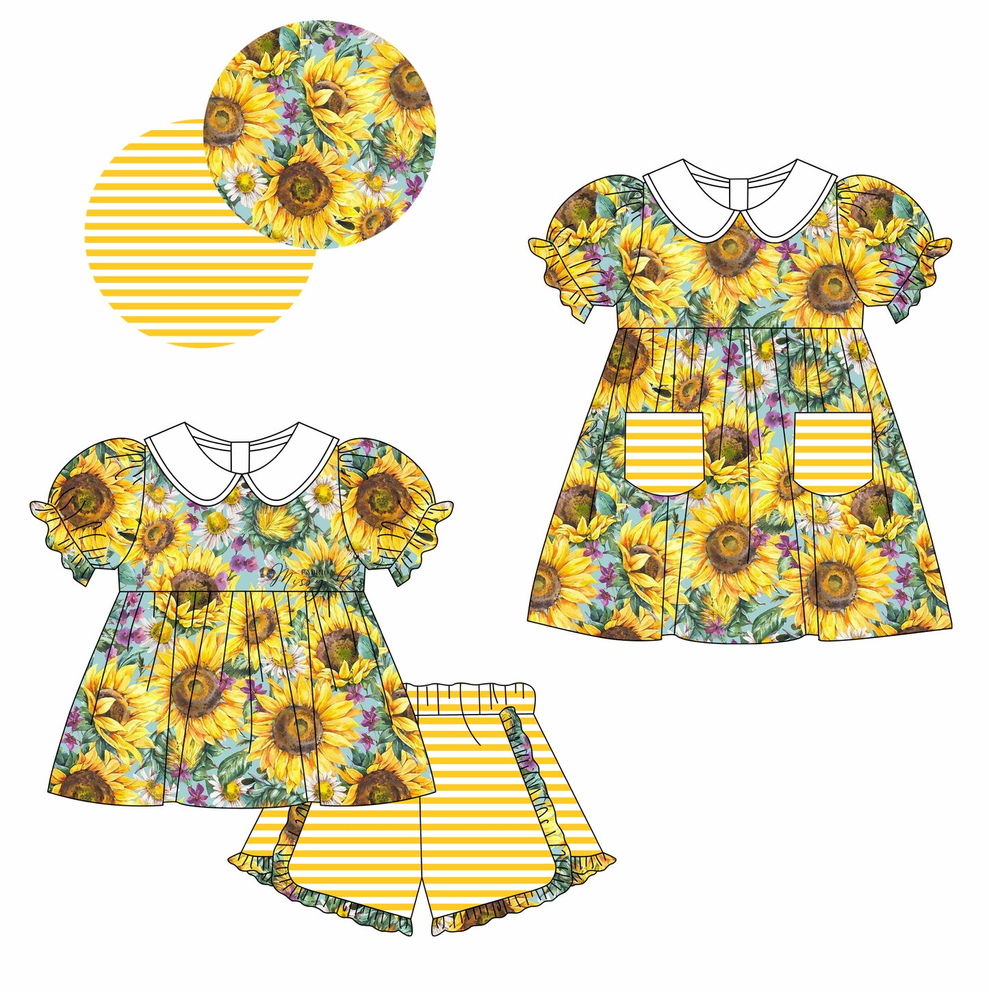 Baby Girl Short Sleeves Sunflower Sibling Matching Dress Clothes Set ( Moq 5 Each Design )