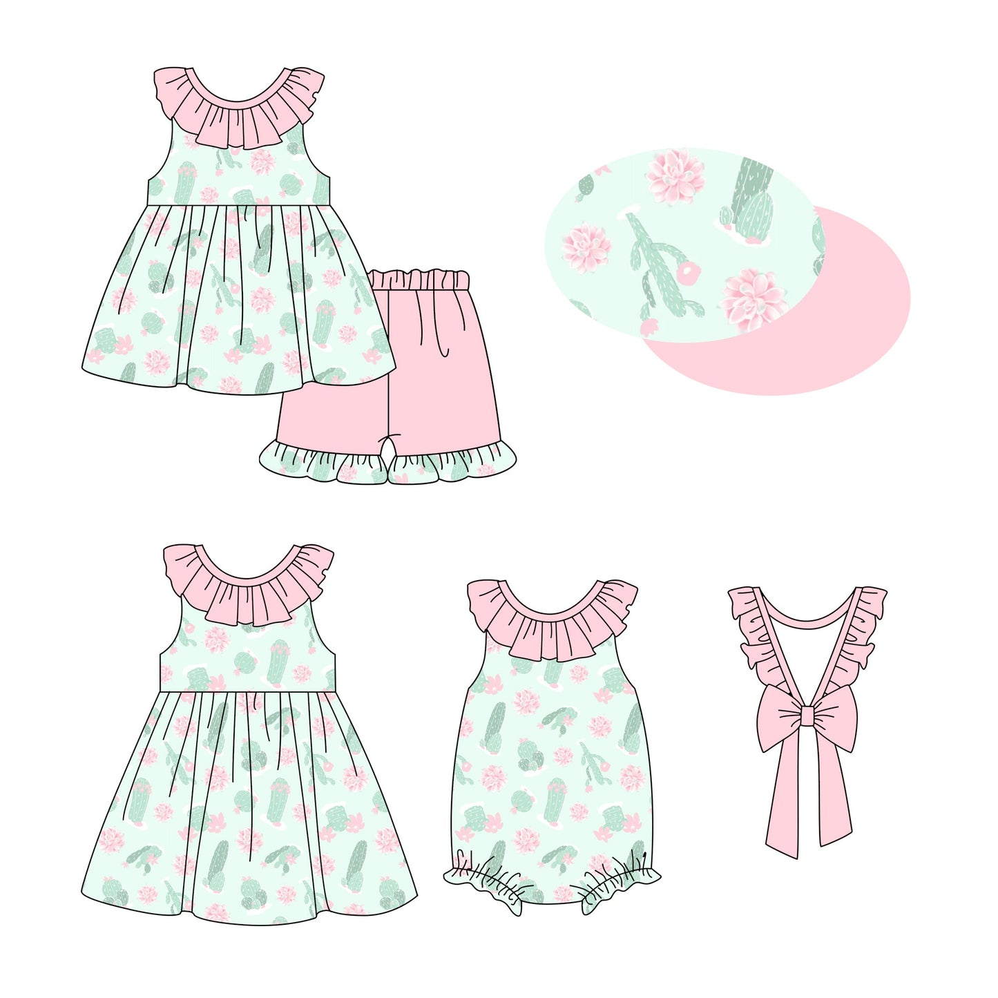 Baby Girl Western Cactus Flower Sibling Romper Dress Set ( Moq 5 Each Style ) 12.28