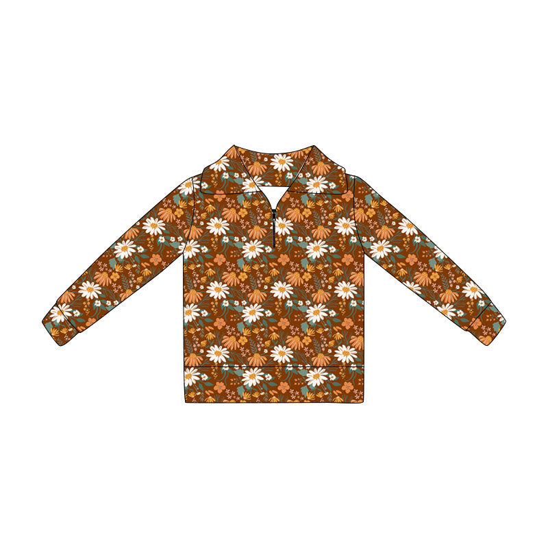 ( Moq 5 ) Preorder Baby Girls Kids Long Sleeves Flower Zipper Pullover Fall Shirt