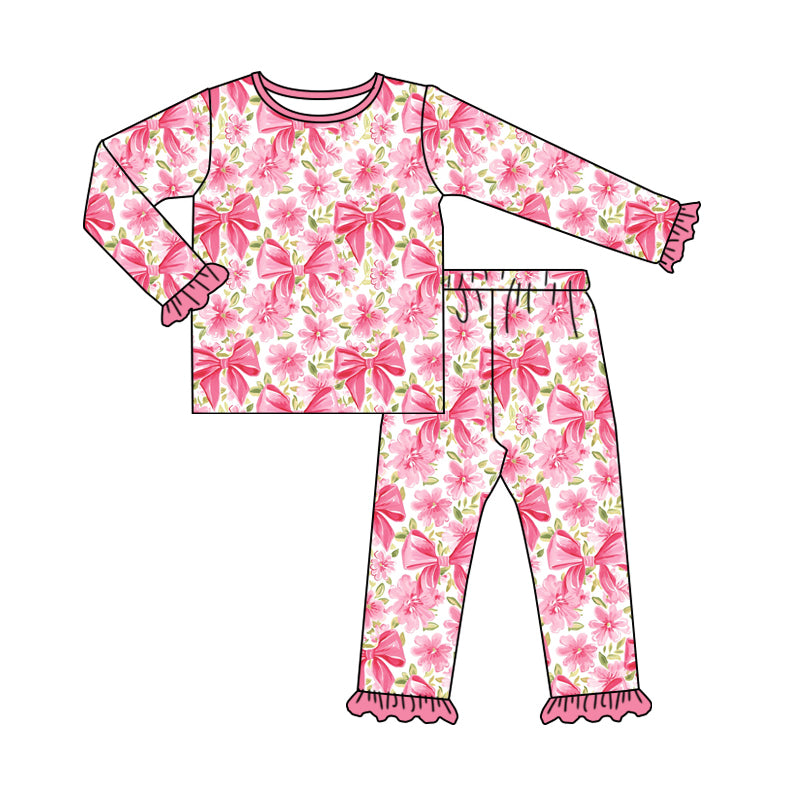 Baby Girl Long Sleeves Bows Flower Shirt Pants Pink Pajamas Set