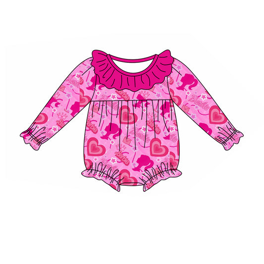 Baby Girl Infant Long Sleeves Valentine Hearts Doll Pink Bubble Romper