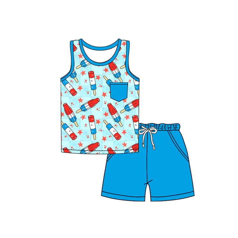 Baby Boy Sleeveless Popsicle Stars Pocket Top Short 4th Of July Set ( Moq 5 )
