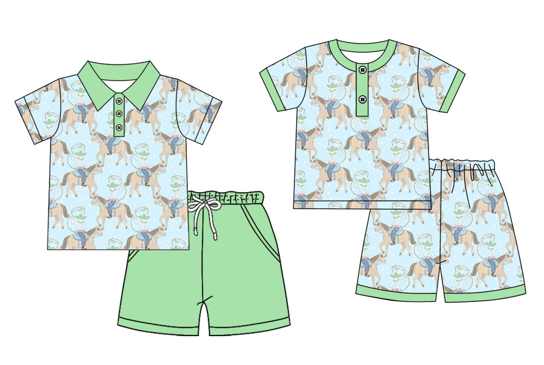 ( Moq 5 Each Style ) Sibling Baby Boys Kids Short Sleeves Horse Shirts Shorts Green Sets Summer Clothes