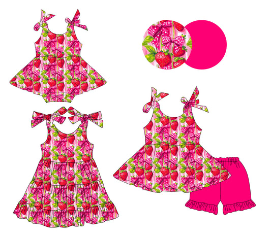 ( Moq 5 Each Style ) Sibling Baby Girls Kids Strawberry Bows Romper Dress Set Summer Clothes