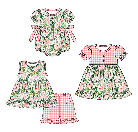 ( Moq 5 Each Style ) Sibling Baby Girls Kids Flower Pink Plaid Romper Dress Set Summer Clothes
