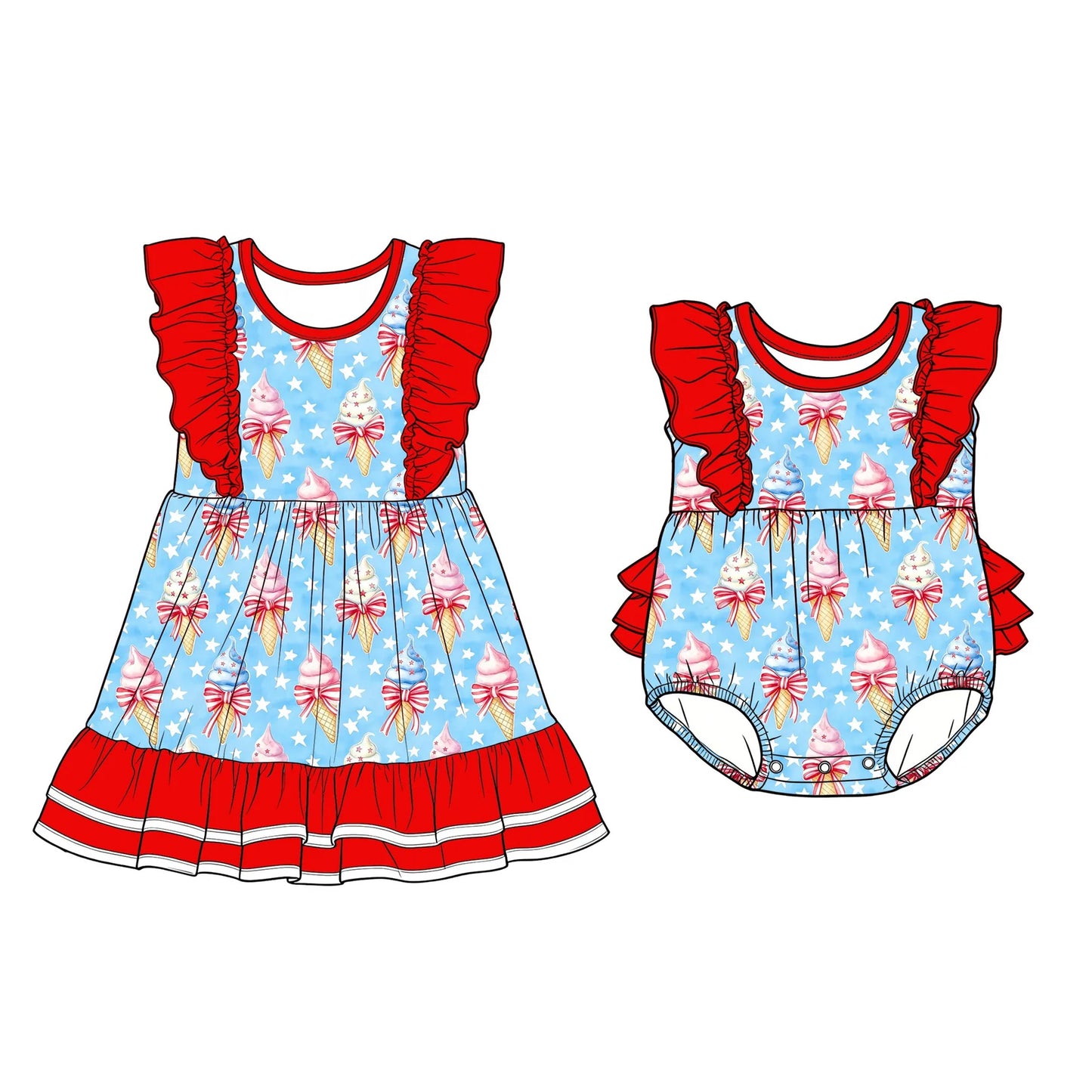 ( Moq 5 Each Style ) Sibling Baby Girls Kids Short Sleeves Bows Stars 4th of July Ruffle Romper Dress