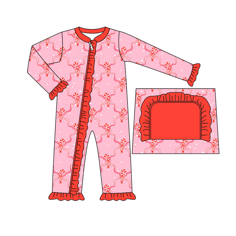 Baby Girl Long Sleeves Candy Cane Bows Pink Romper