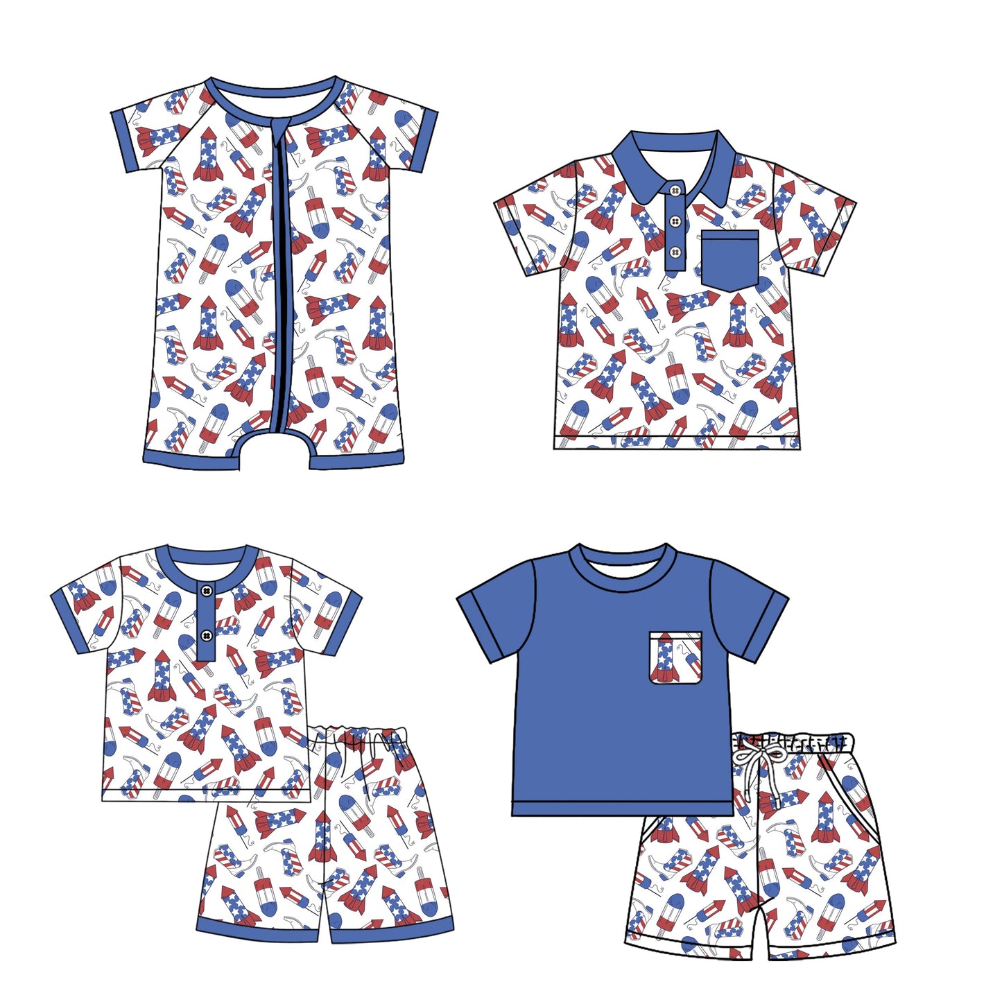Baby Boy Blue Short Sleeves 4th Of July Sibling Romper Shirt Set ( Moq 5 Each Style ) 3.28