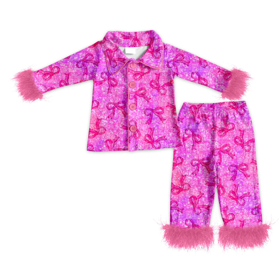 ( Moq 5 ) Baby Girls Fur Long Sleeves Buttons Shirt Bows Pants Pajamas Set
