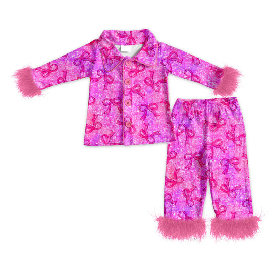 ( Moq 5 ) Baby Girls Fur Long Sleeves Buttons Shirt Bows Pants Pajamas Set
