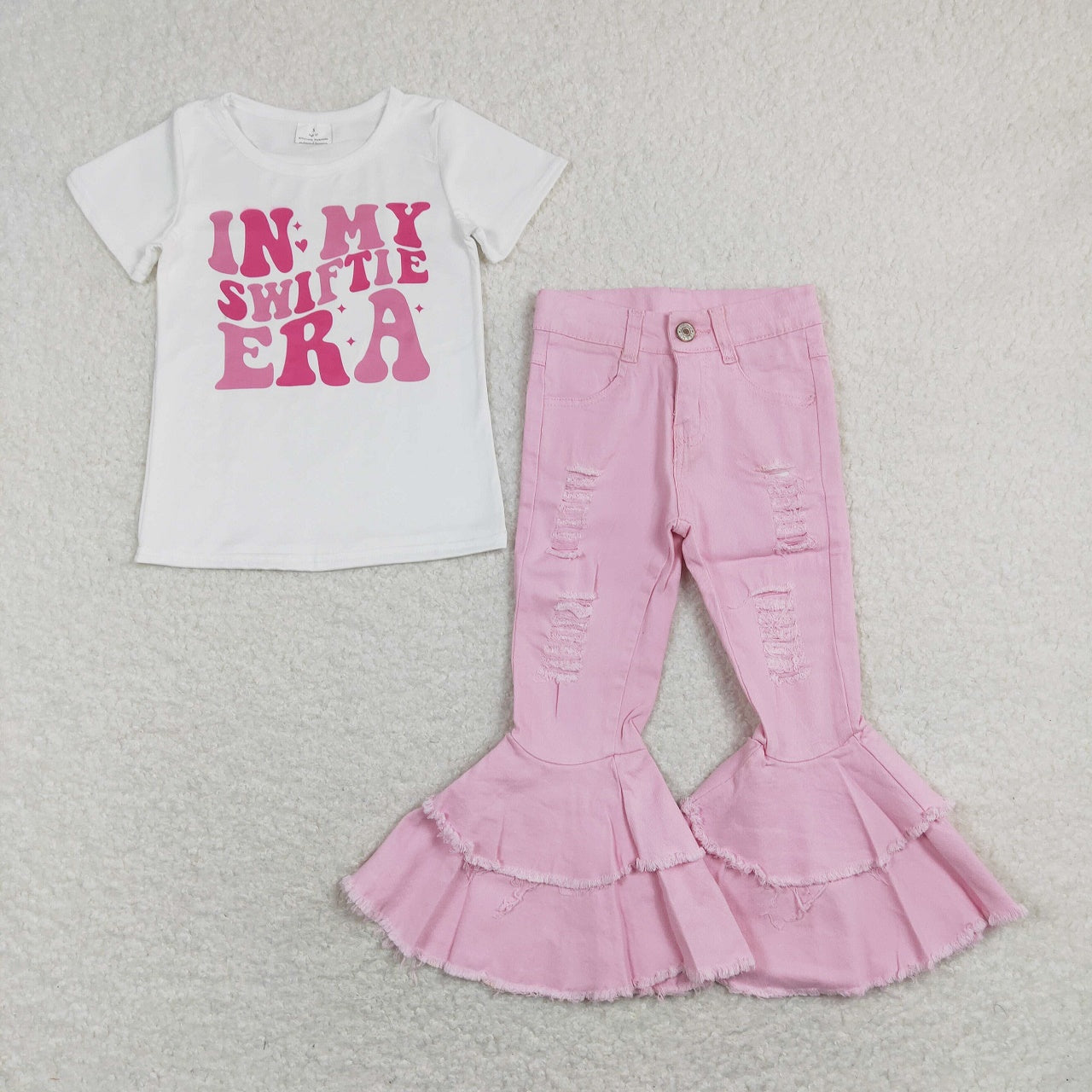 Baby Girl Short Sleeves Shirt Pink Denim Double Bottoms Pants Singer Set