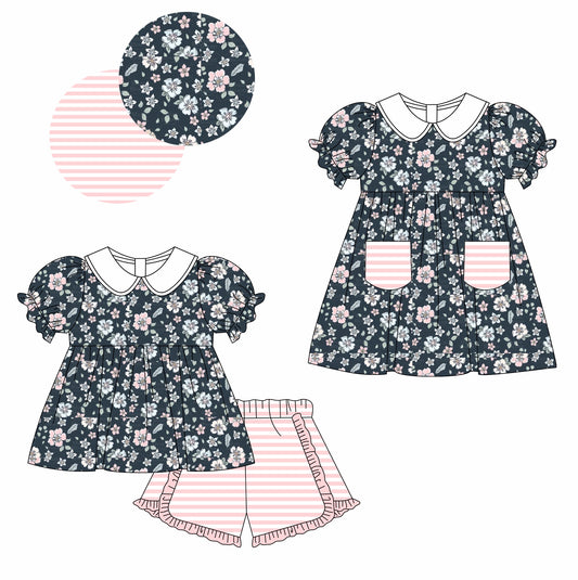 Baby Girl Short Sleeves Flower Stripes Sibling Matching Romper Dress Clothes Set Moq 5 Each Design