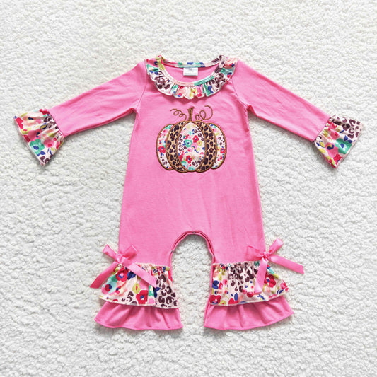 LR0511 Baby Girl Long Sleeves Embroidery Floral Pumpkin Pink One Piece Ruffle Romper