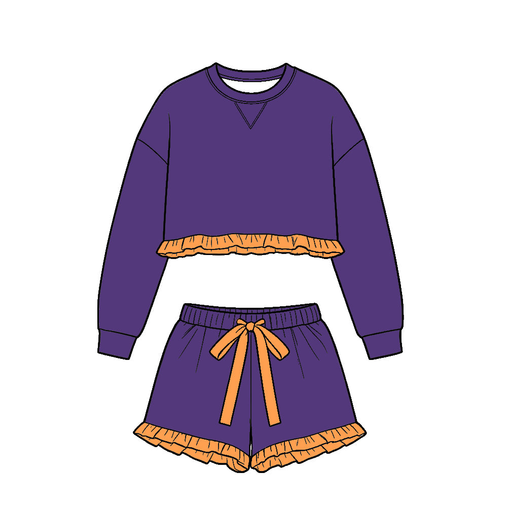 ( Moq 5 ) Baby Girls Kids Purple Long Sleeves Ruffle Shirt Shorts Set Cotton Clothes