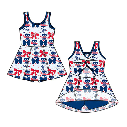 ( Moq 5 each style ) Baby Girl Toddler Team Red Blue Bows Sibling Romper Dress Set 6.16