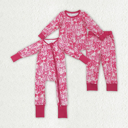 Baby Girl Long Sleeves Pink Bows Sibling Pajamas Footie Zipper Romper Set RTS