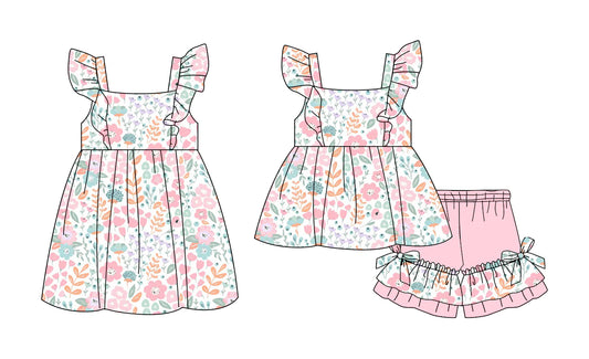 ( Moq 5 Each Style ) Baby Girls Kids Short Sleeves Pink Flower Sibling Dress Set