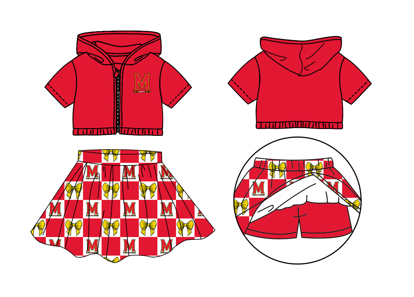 ( Moq 5 Each Style ) Baby Girls Kids Toddler M Red Hoodie Zipper Tops Bows Shorts Skirt Team Set