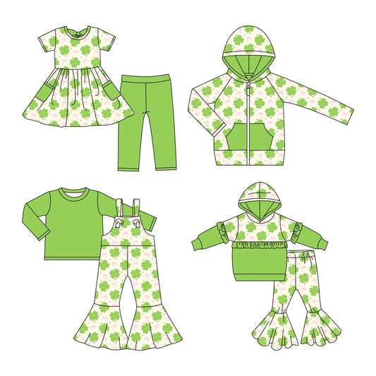 ( Moq 5 Each Style ) Baby Girls Clovers Bows St. Patrick's Day Sibling Green Hoodie Shirt Sets