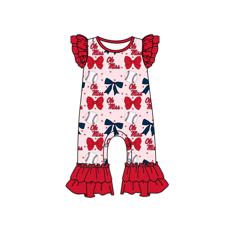 ( Moq 5 each style ) Baby Girl Toddler Team Bows Baseball Red Sibling Romper Dress Set 6.13